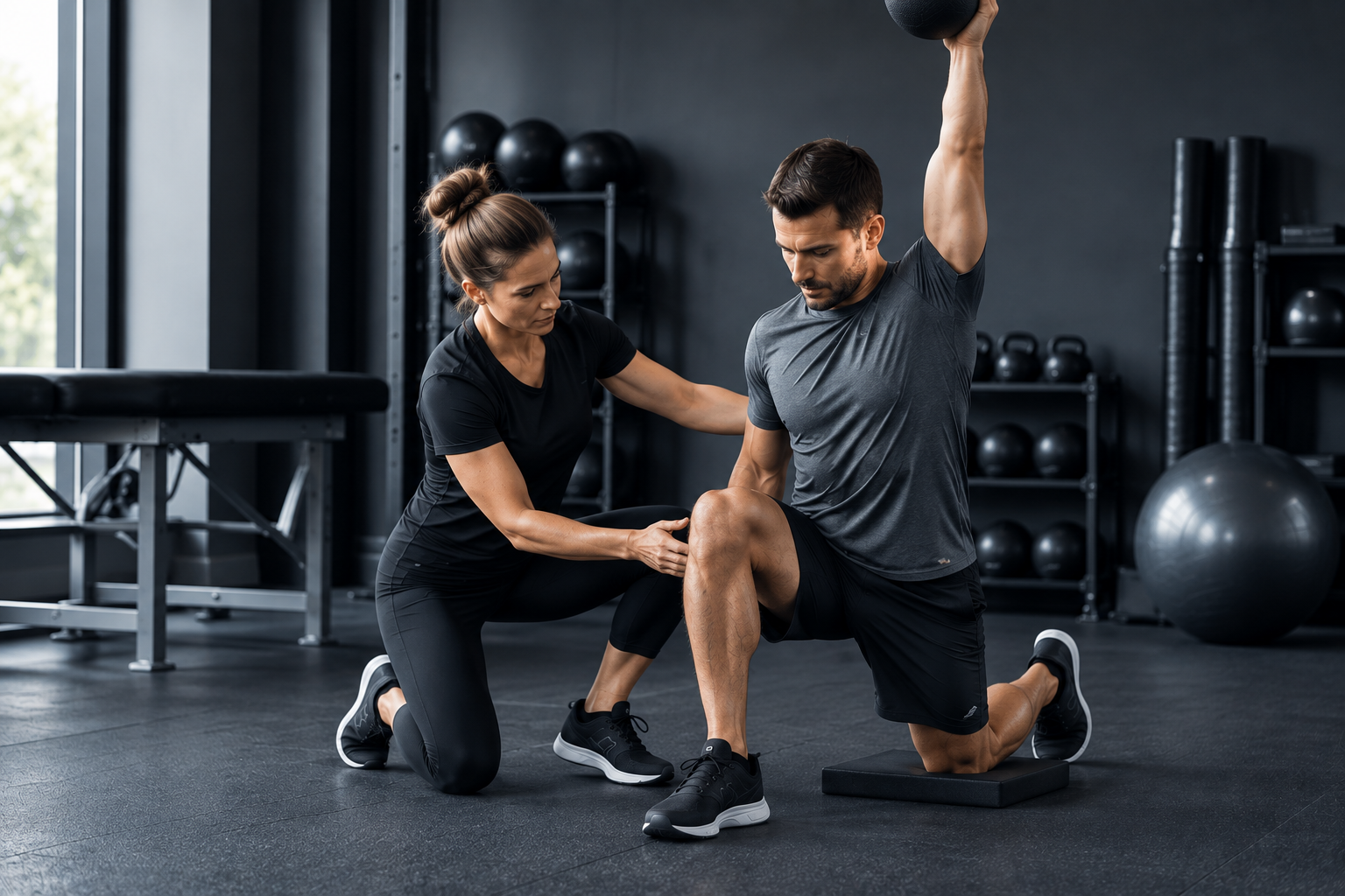Professional training studio with a practitioner coaching a client among functional equipment