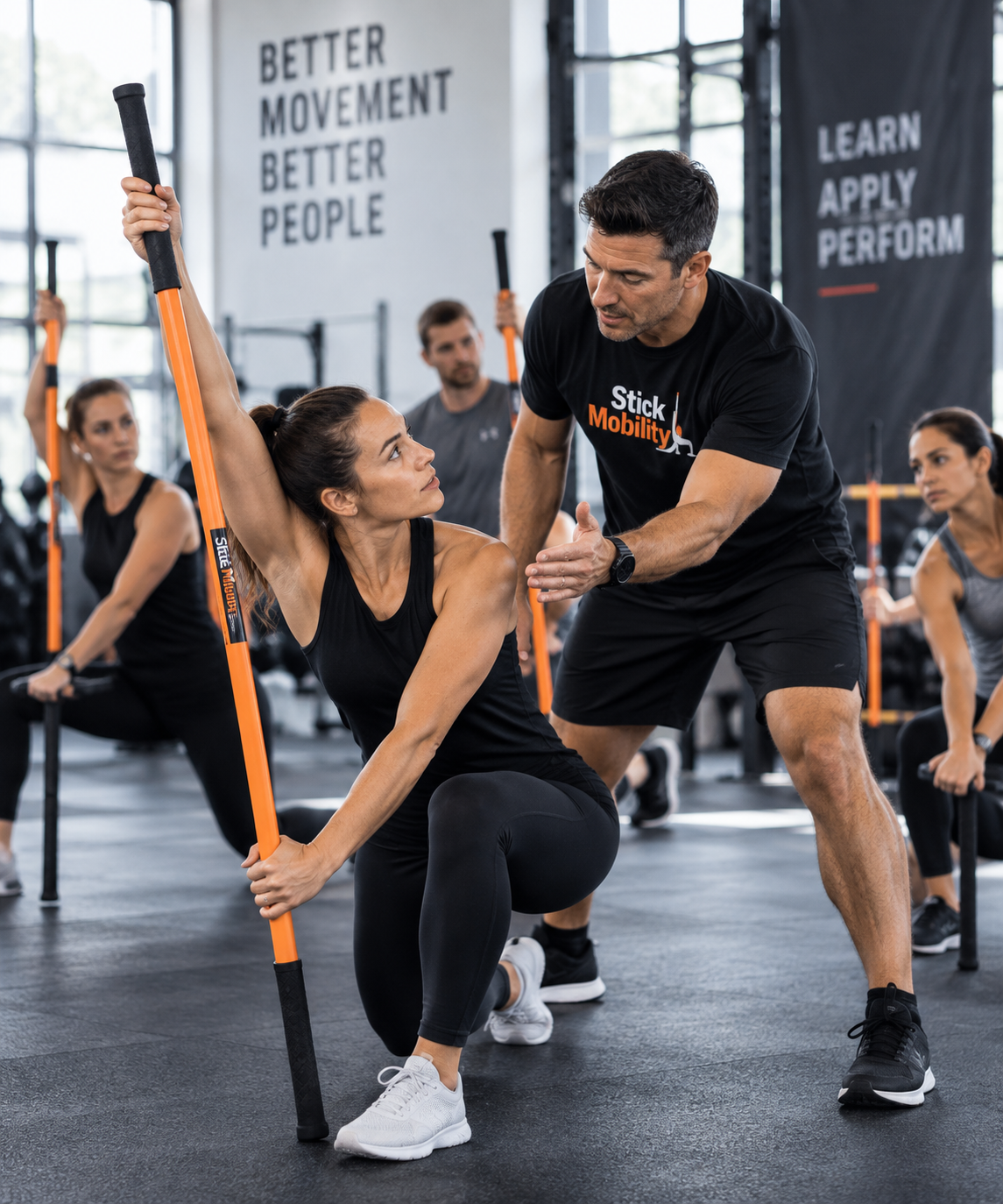 Older athlete squatting with a medicine ball while coached by a trainer